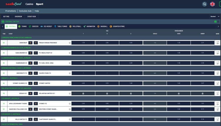 LuckLand in-play betting screenshot