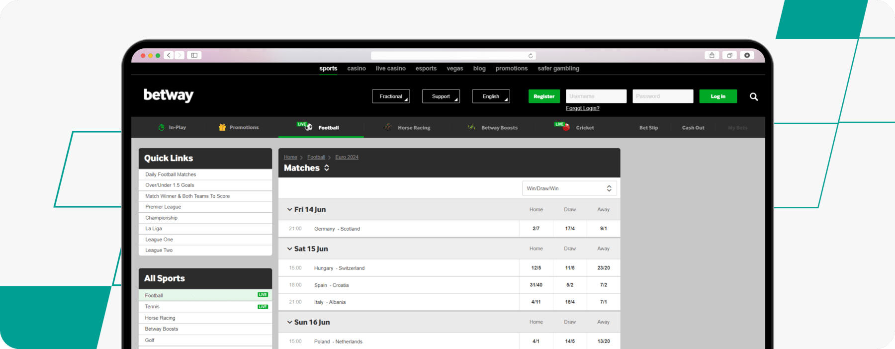 screenshot of betway euro 2024 page