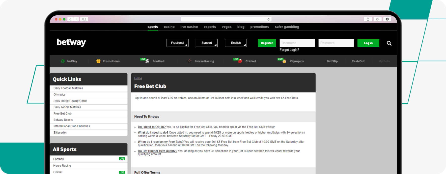 Screenshot of Betway Free Bet Cub Offer. (Source: Betway)