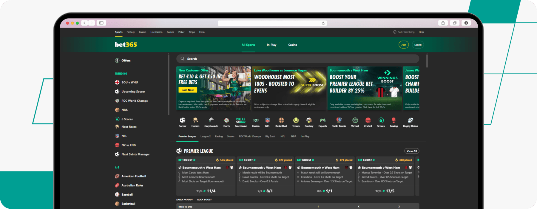 screenshot of bet365's sportsbook homepage