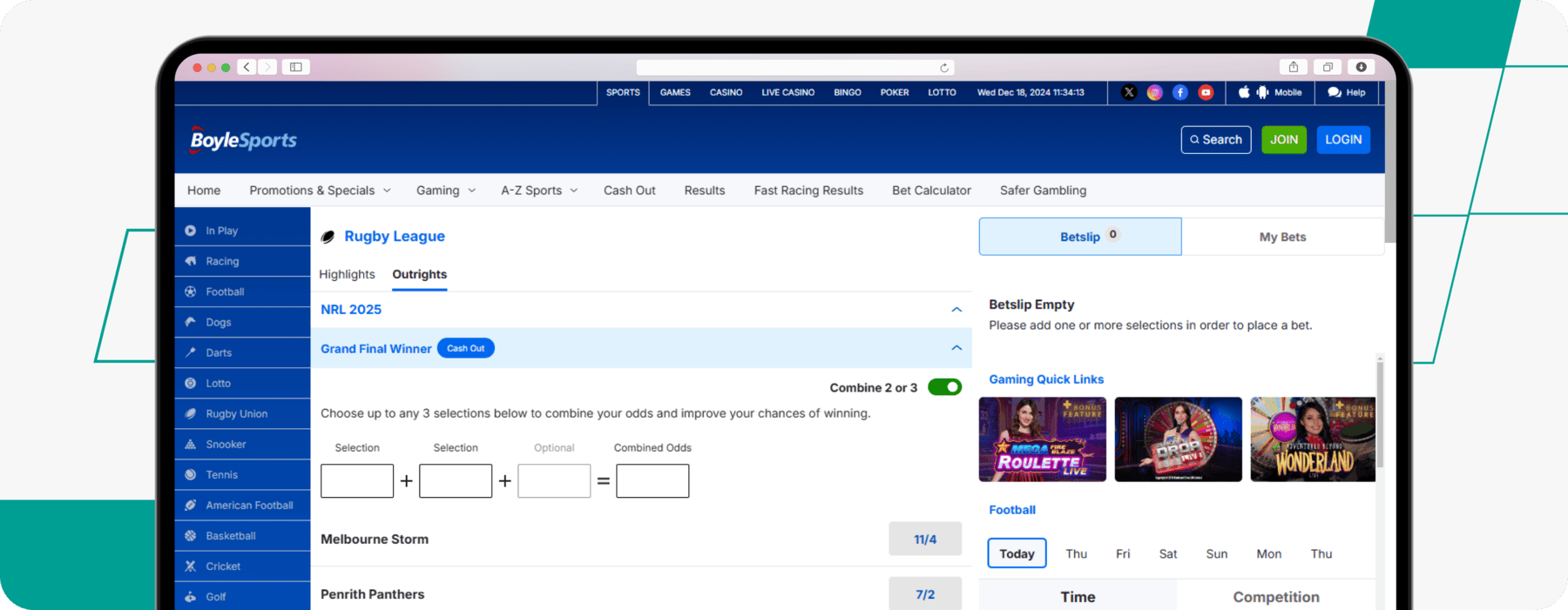 screenshot of boylesports' rugby betting odds